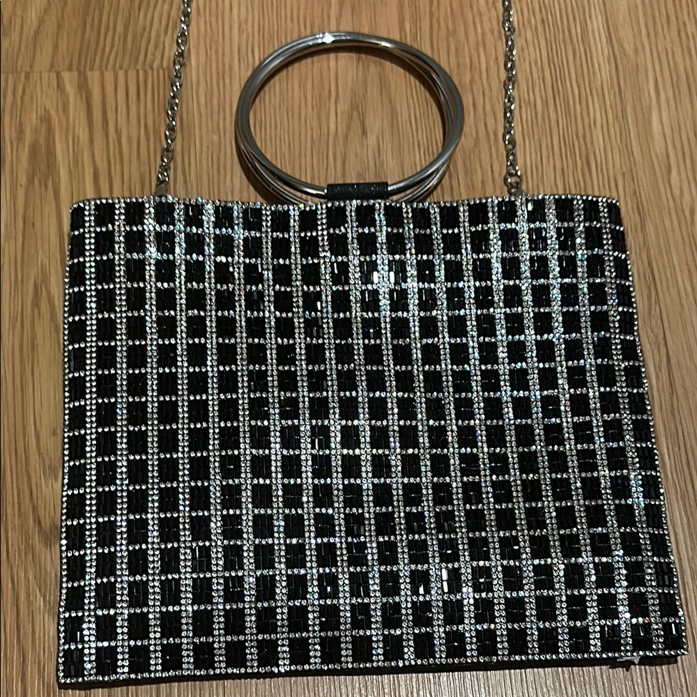 Nina Black and Silver Clutch with Metal Ring Handle